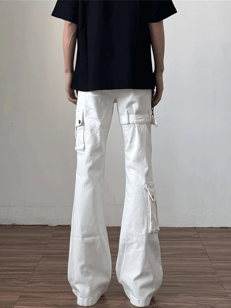 

White Belted Flared Denim Jeans Men's Women's High Street Sle Multi-ket Workwear Slimming Long Trousers Straight Leg
