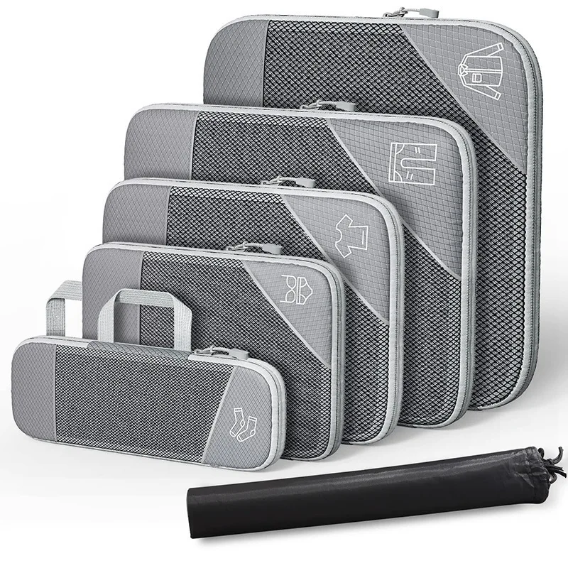 Compressed Travel Storage Organizer Set With Shoe Bag Mesh Visual Luggage Portable Packing Cubes Lightweight Suitcase Bag 3/6PCS