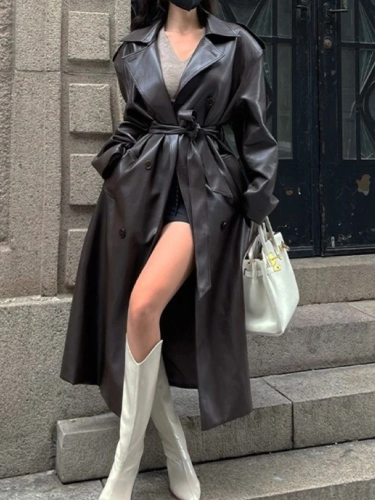 

New Autumn Winter Fashion Black Brown Retro Medium and Long Knee Pu Leather Jacket High-end Women's Loose Leather Trench Coat