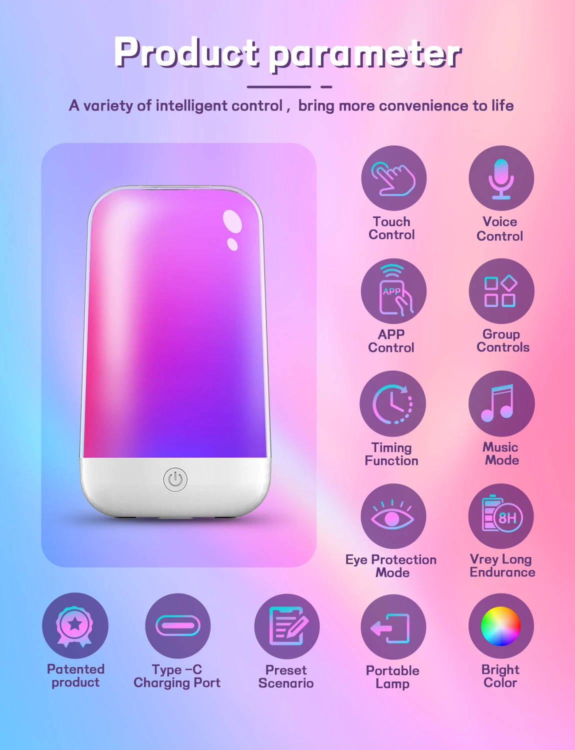 Smart Touch Atmosphere Light Bluetooth RGB LED Light Multi-Function Wireless Bedside Lamp with Music Mood Light Rechargeable