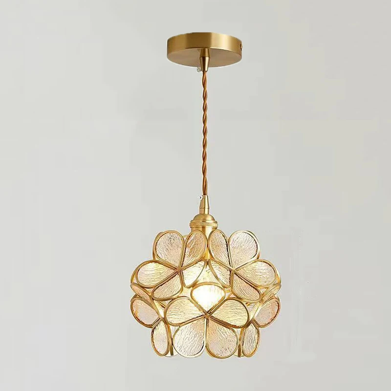

New All copper Glazed glass Flower Small Pendant Lamp Bedroom Bedside Lights Lotus Flower Luxury Retro Restaurant Bar Lighting