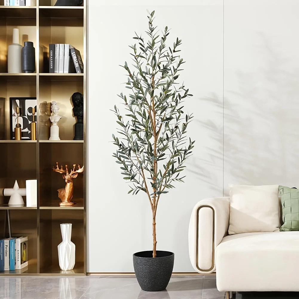 

Realistic Tall Artificial Olive Tree with Natural Wood Trunk & Foliage - Fake Olive Plant with Planter Suitable for Home, Office
