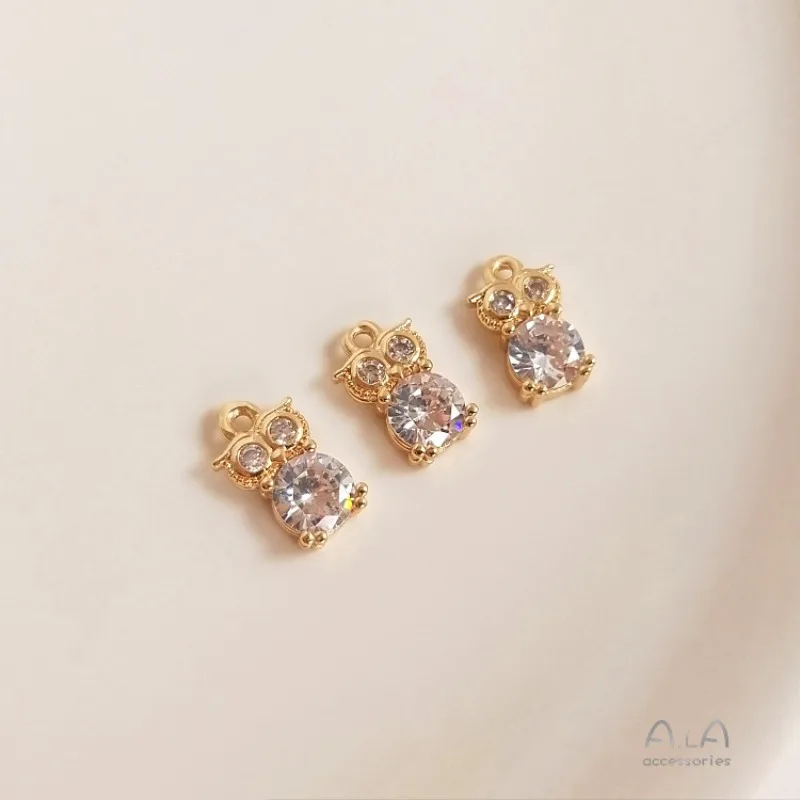 14K Gold Color Preserving Zircon Inlaid Owl Pendant Cute DIY Handmade Necklace Bracelet Jewelry Charms