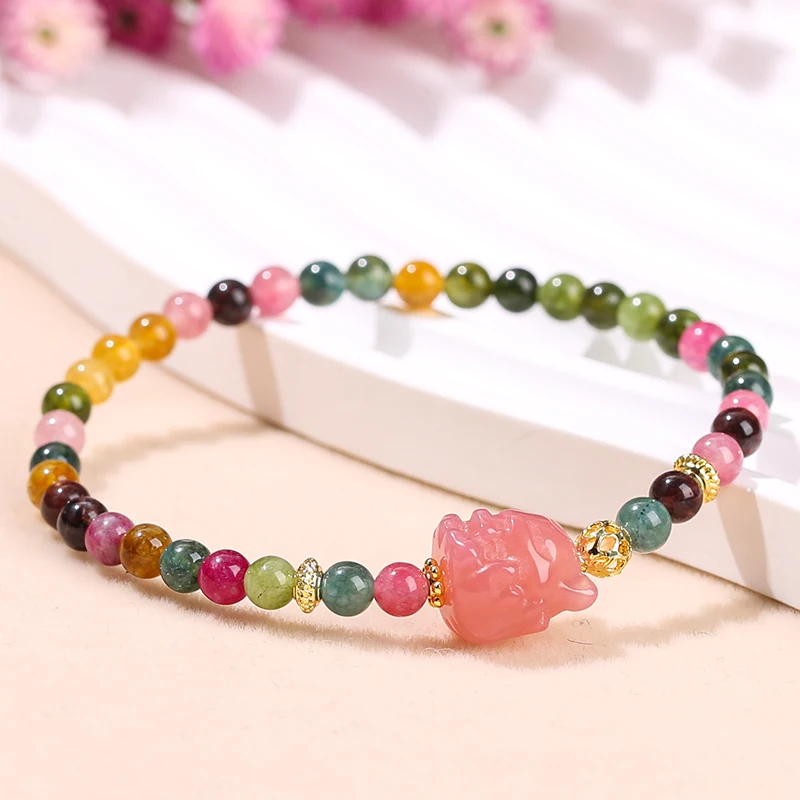 JD Luxury 4mm Tourmaline Color Chalcedony Agate Carved Nine-Tail Fox Charm Bracelet Women Fashion Design Thin Bangles Jewelry