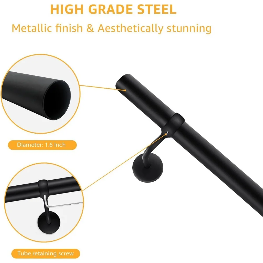 Rails d'escalier en métal, Rails à main en acier enduit de poudre noire de 3 pieds pour marches intérieures et extérieures, Rails de sécurité muraux