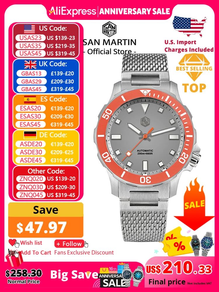 

San Martin Original Design Diver 39.5mm V2 Men Watch NH35 Automatic Mechanical Watch Milanese Bracelet Waterproof 200m Luminous