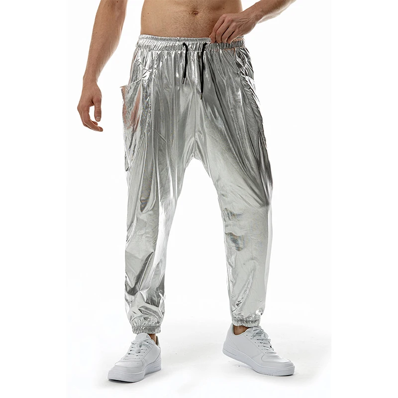 Herren Metall glänzende Jogging hose Nachtclub Disco Party elastische Hose Gold Silber