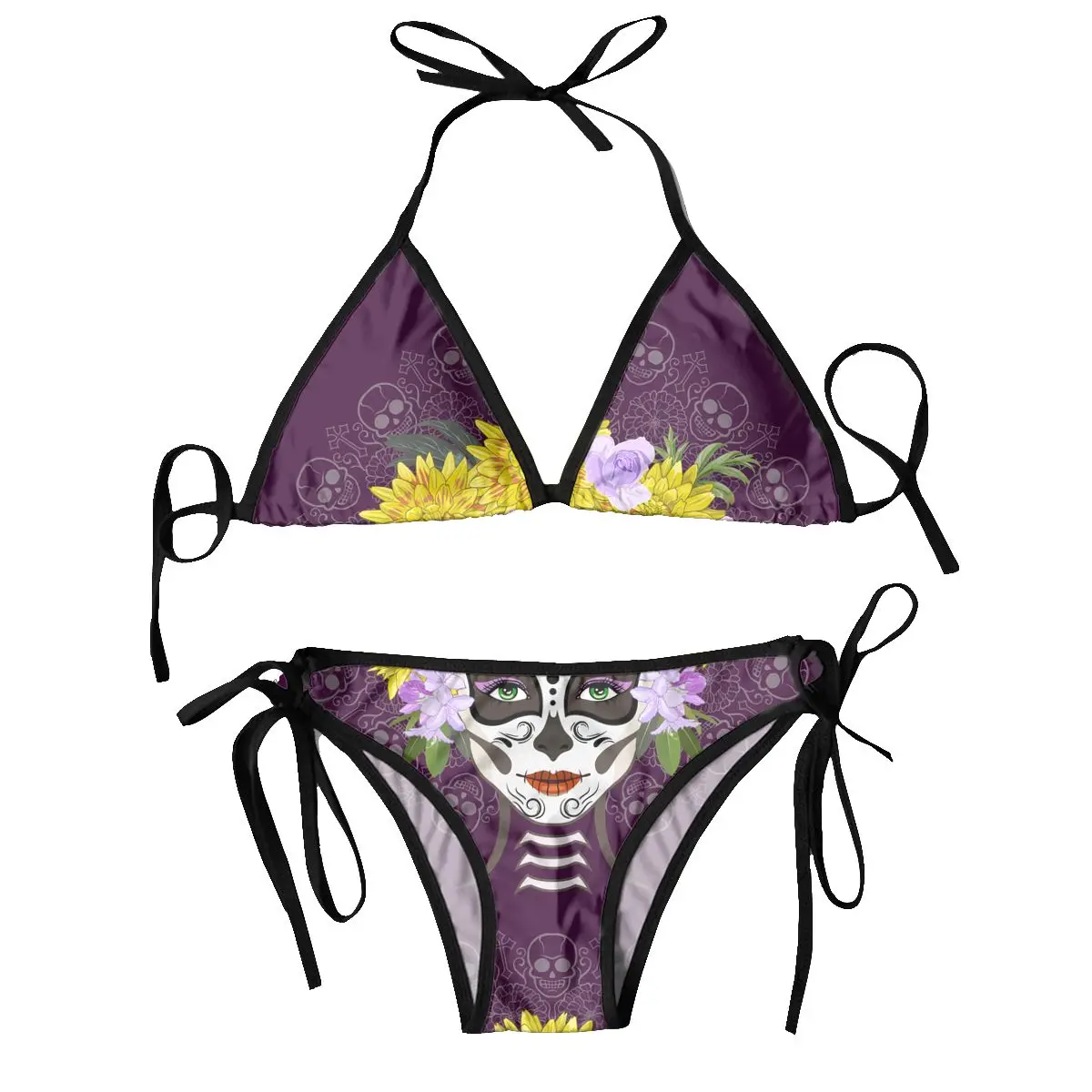 2024 Swimsuit Santa Muerte With Peonies Calavera Catrina Day Of Mujer Women Swimwear Summer Beachwear Bathing Bikinis Sets