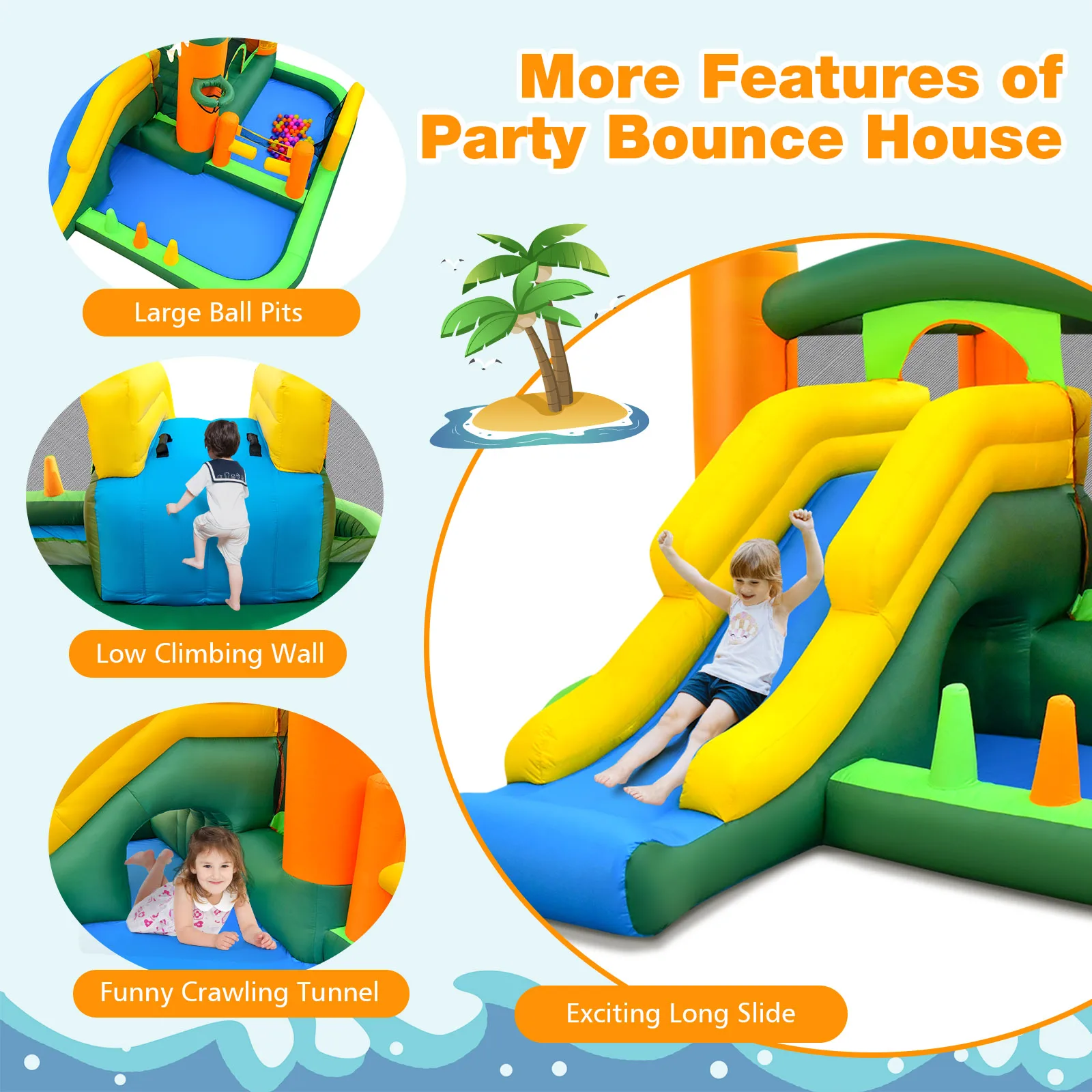 Tropical Inflatable Bounce Castle, 8-in-1 Giant Jumping House w/680W Blower