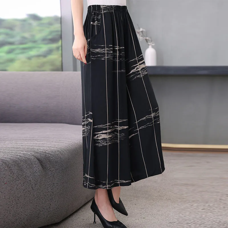 Women Floral Print Long Pants Spring Summer Cotton Linen Pants Folk-custom Mid-aged Old Women Wide Leg Pant Skirt Trousers W60