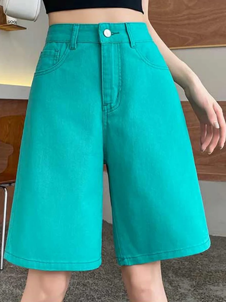 Pantaloncini a gamba larga in denim incrociato al ginocchio da donna estate 2025 nuovi popolari pantaloni a 5 punti a gamba dritta alla moda casual a vita alta