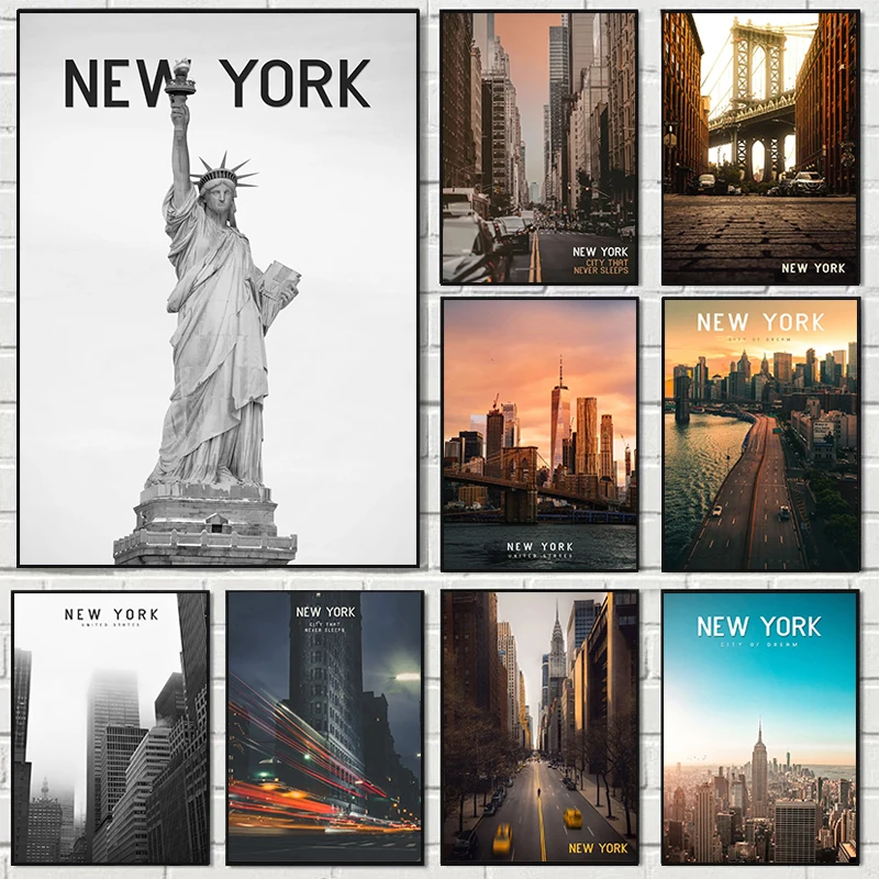 Classic Wall Art New York Poster Manhattan Night Famous Architecture Picture Prints City Canvas Painting Living Room Decor