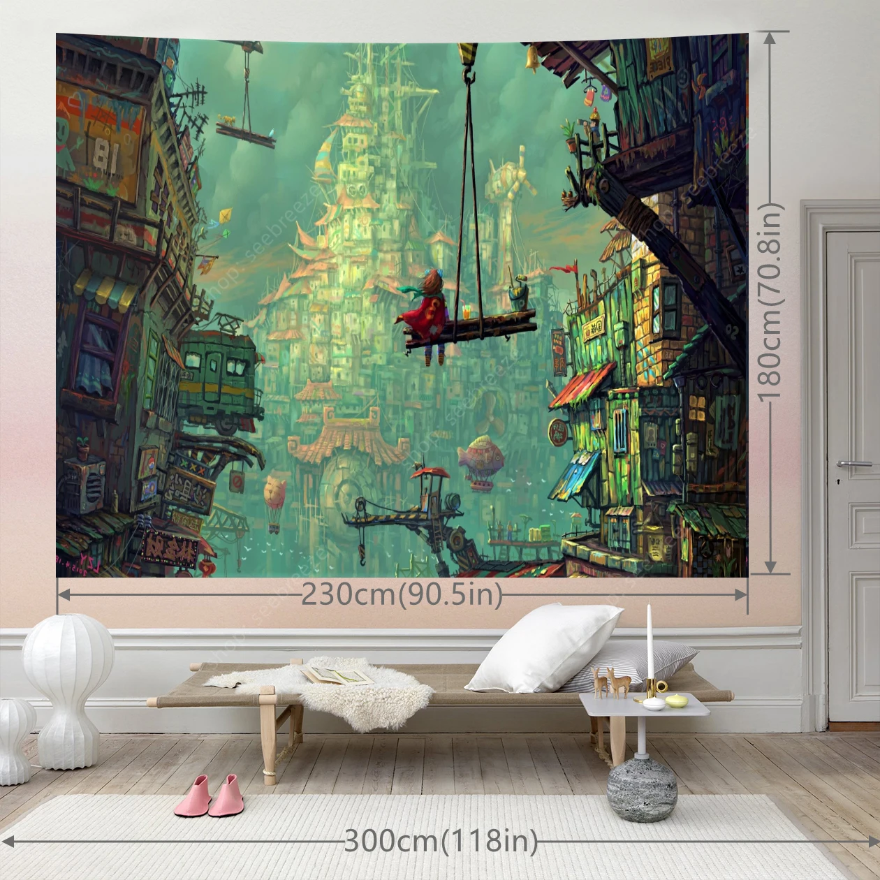 Fantasy Steampunk Cityscape Tapestry Child on Swing East West Architecture Blend Vibrant Teal Coral Home Wall Art Bedroom Decor