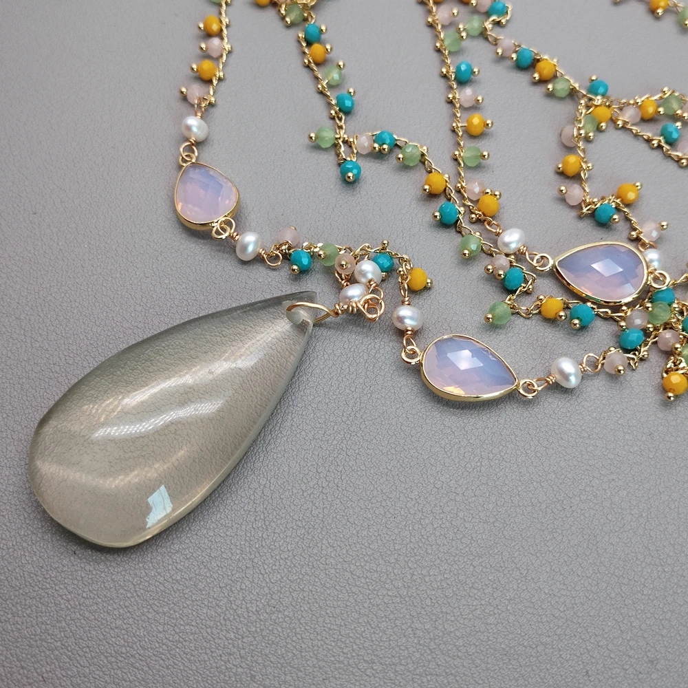 YYGEM  26x50mm Lemon Quartz Pendant Fashion Accessory 5 Strands Green Yellow Crystal Rosary Chain Layers Necklace