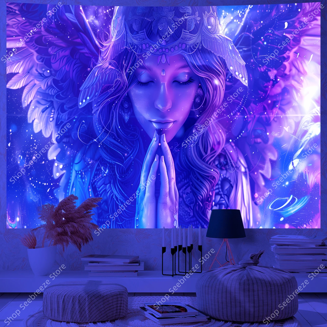 Celestial Serenity Angel UV Tapestry with Feathered Wings Mystical Woman Prayer Art Cosmic Dreamy Starry Wall Hanging Decor