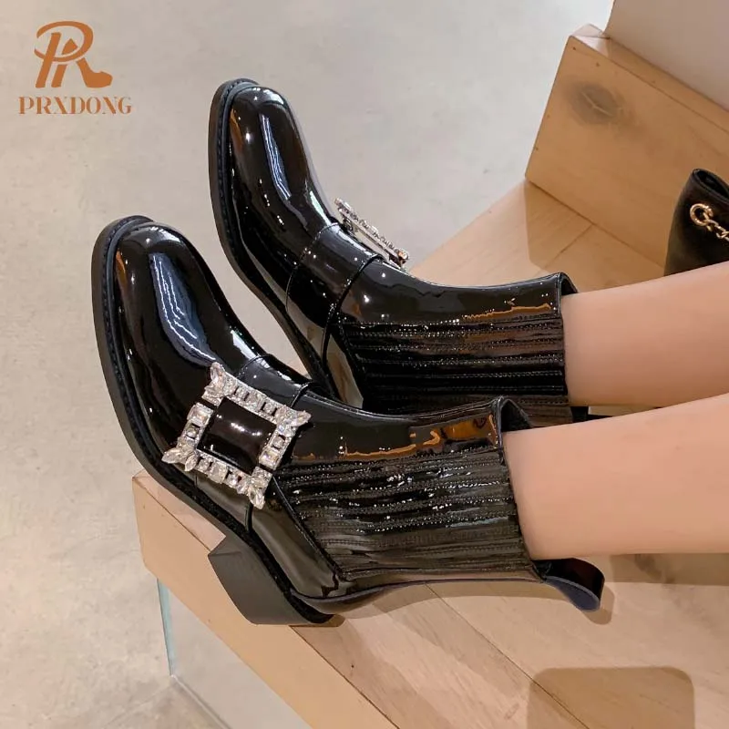 PRXDONG 2024 Fashion Women Ankle Boots Low Square Heel Round Toe Black Crystal Dress Casual Female Shoes Short Boots Size 34-39