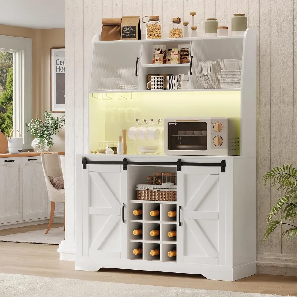 

Coffee Bar Cabinet with Charging Station & LED Light, Farmhouse Kitchen Hutch with Acrylic Doors, Tall Bar Cabinet with Wine & G