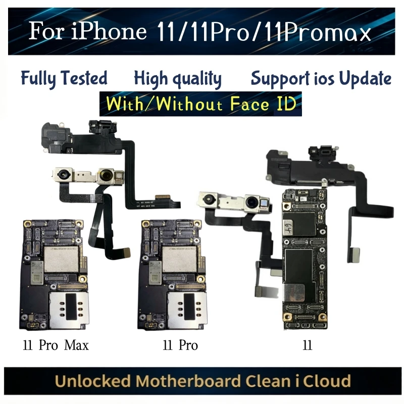 Fully Tested For iphone 11/11Pro/11 Pro Max Motherboard Unlocked With/No Face ID Mainboard Support Update No iCloud Logic Board