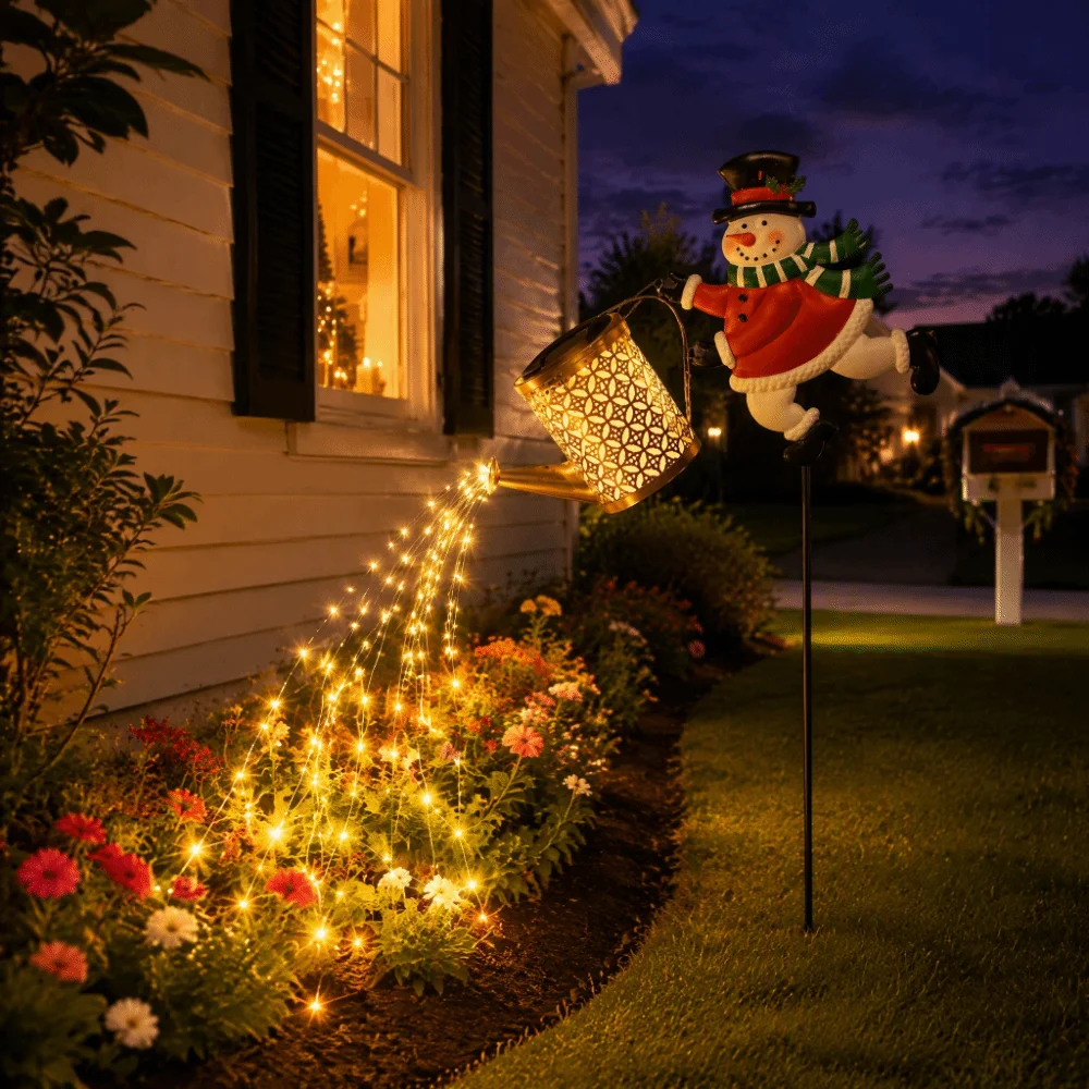 Warm LED String Christmas Snowman Light Metal Construction Outdoor Solar Powered Snowman Watering Can Decoration