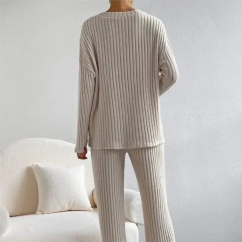 zekye Women's Casual V-Neck Women's Knitted Suit Top And Straight Pants Solid Color Sweater Two-Piece Set Home Suit For Women