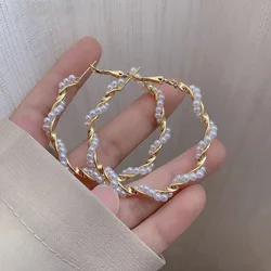 New Pearlet Twine Wire Round Big Hoop Earrings for Women 50mm Imitation Pearl Hiphop Punk Metal Loop Jewelry Girl Gift