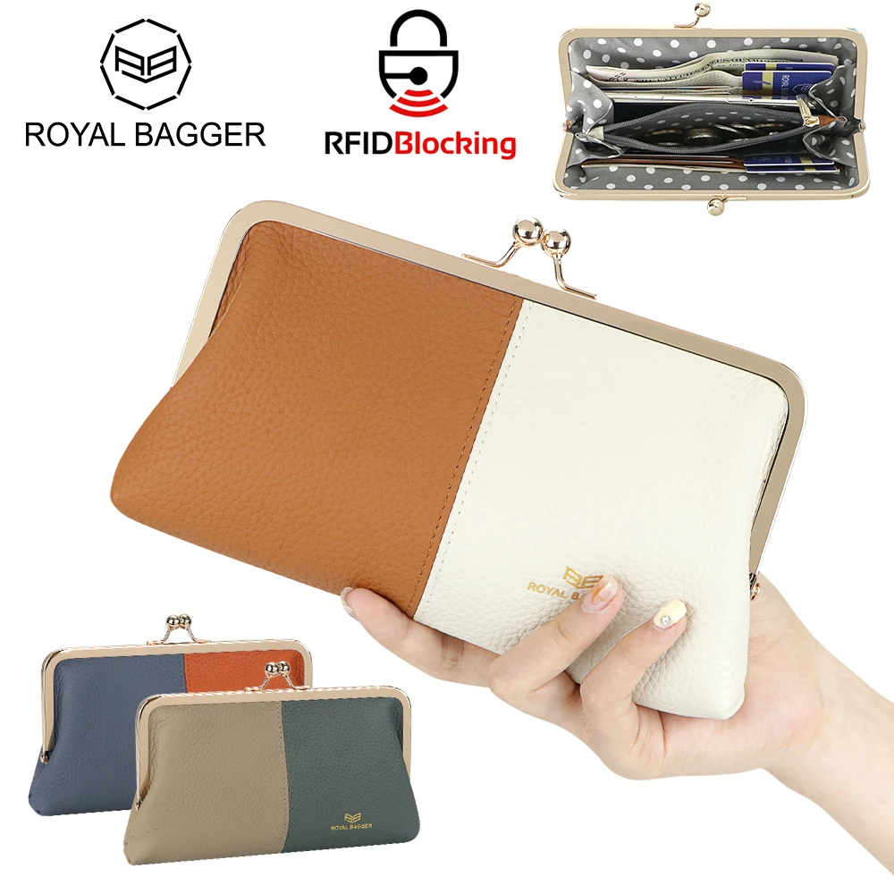 

Royal Bagger RFID Clutch Purses for Women, Genuine Leather Evening Bag with Kiss Lock, Multi Layer Mobile Phone Wallet 1946