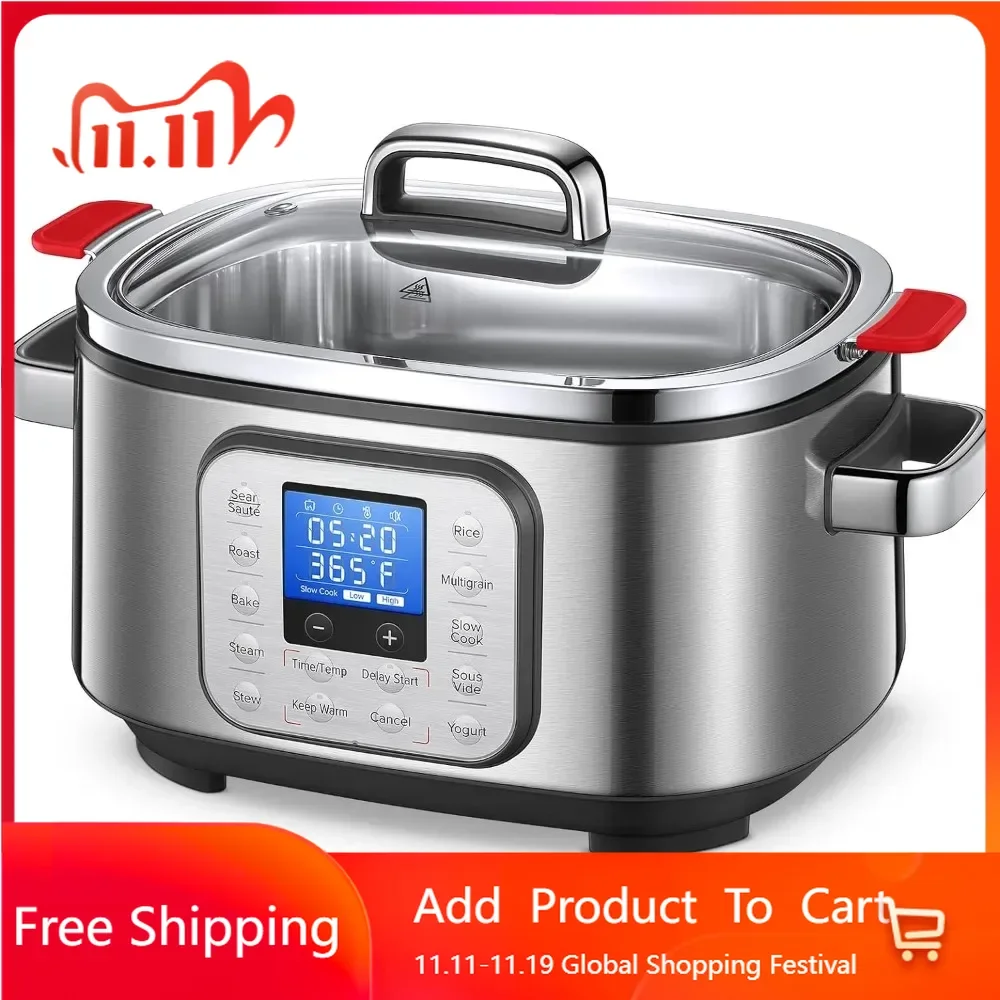 

Slow stew pot 6 quarts, 10 in 1 programmable stir fry, steamer, etc., stainless steel inner pot, steamer rack and glass cover