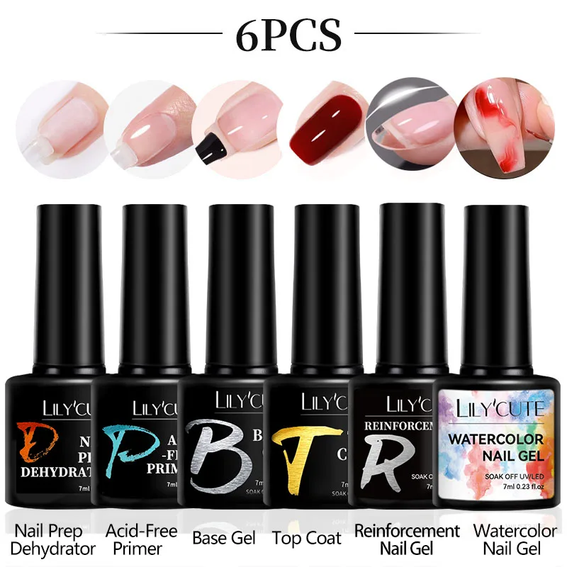 LILYCUE 6Pcs/Set Nude Pink Glitter Gel Nail Polish Gorgeous Full Coverage Soak Off UV Gel Nail Art Base Top Coat Gel Polish Kits