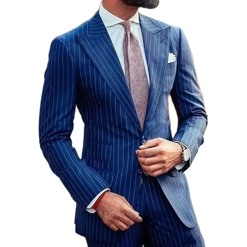 Elegant Men's ชุดเต็มชุด Chic ชายเสื้อผ้า Stripe ที่กําหนดเอง Blue Peak Lapel Single Breasted Slim Fit 2 ชิ้นกางเกง