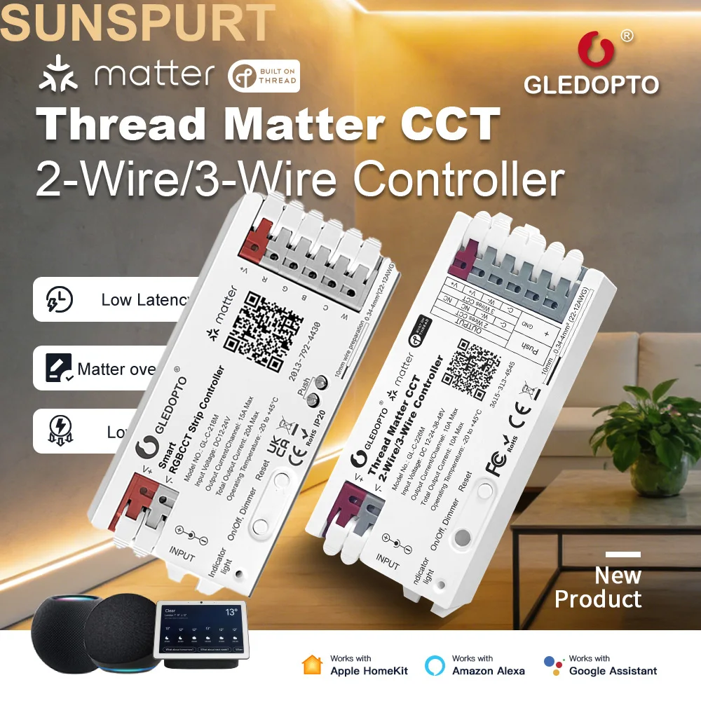GLEDOPTO Thread Matter CCT PWM Dimmer GL-C-226M 10A 750Hz Flicker-Free Work with Alexa DC 12-48V for 2/3-Wire PWM CCT LED Strips