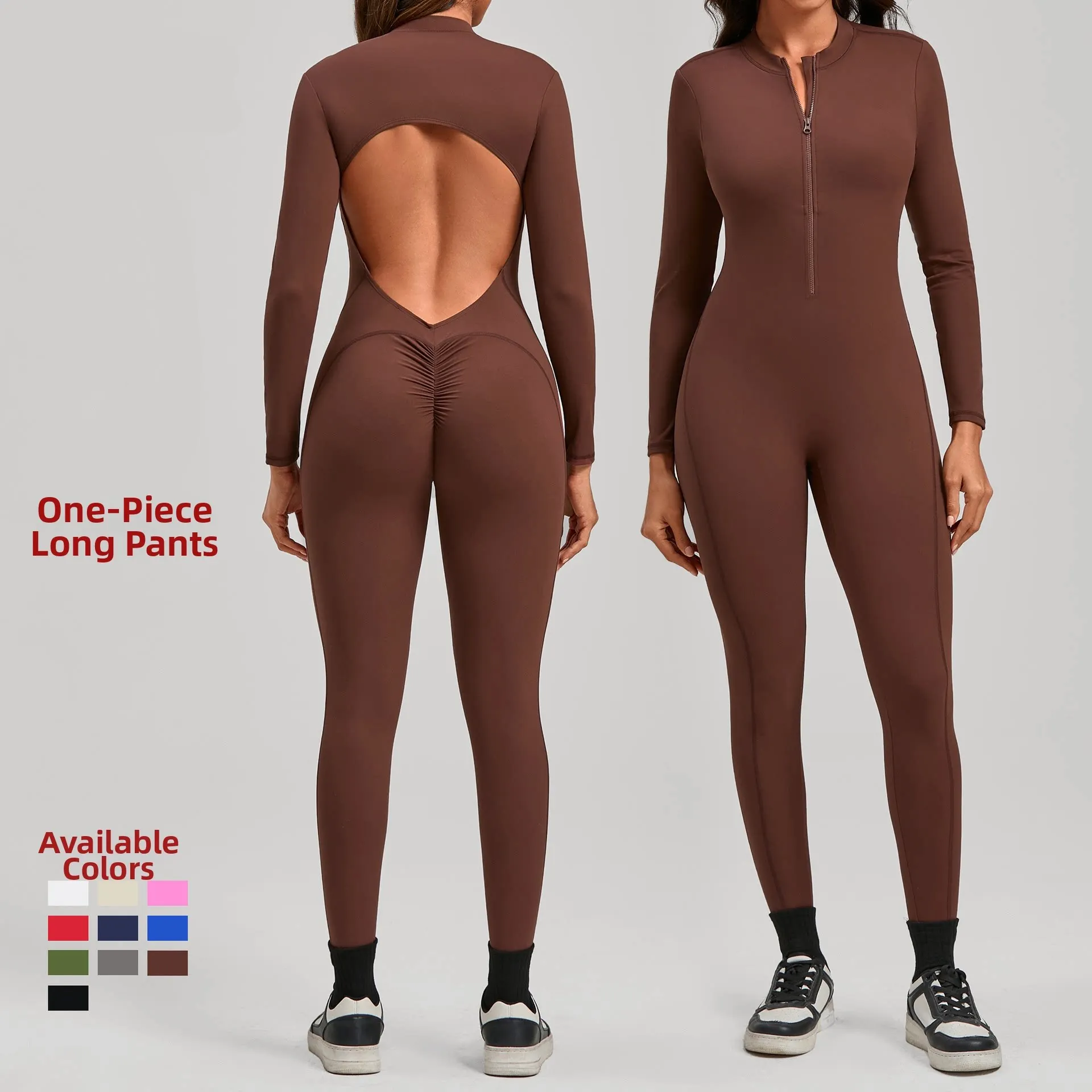 Women Nude‑Feel Zip Long Sleeve Yoga Jumpsuit Tight One‑Piece Bodysuit Outer Wearable For Gym Fitness Workout Pilates