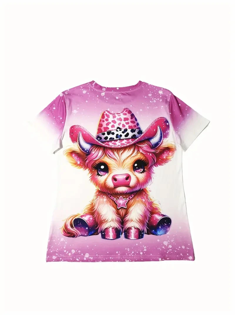 Damska koszulka PLUS z krótkim rękawem i nadrukiem 3D z uroczym różowym wzorem krowy, luźna i swobodna, miękka, wygodna i oddychająca