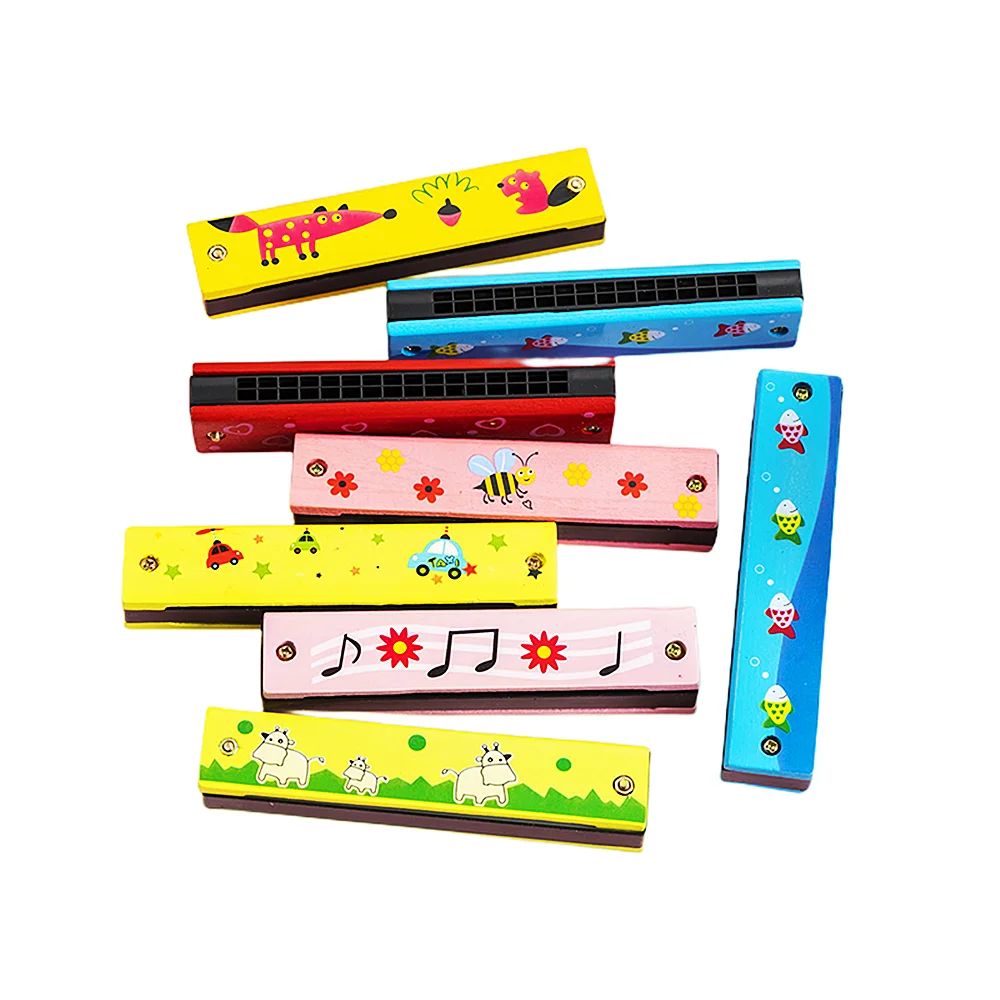 10PC Wooden 16 Hole Cartoon Pattern Harmonica Children Birthday Party Wedding Guest Gift Kindergarten Back to School Gift Pinata