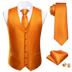 Luxus formelle Herren Weste Seide Orange solide elegante männliche Anzug Weste Krawatte Taschentuch Set Hochzeits feier soziale ärmellose Barry Wang