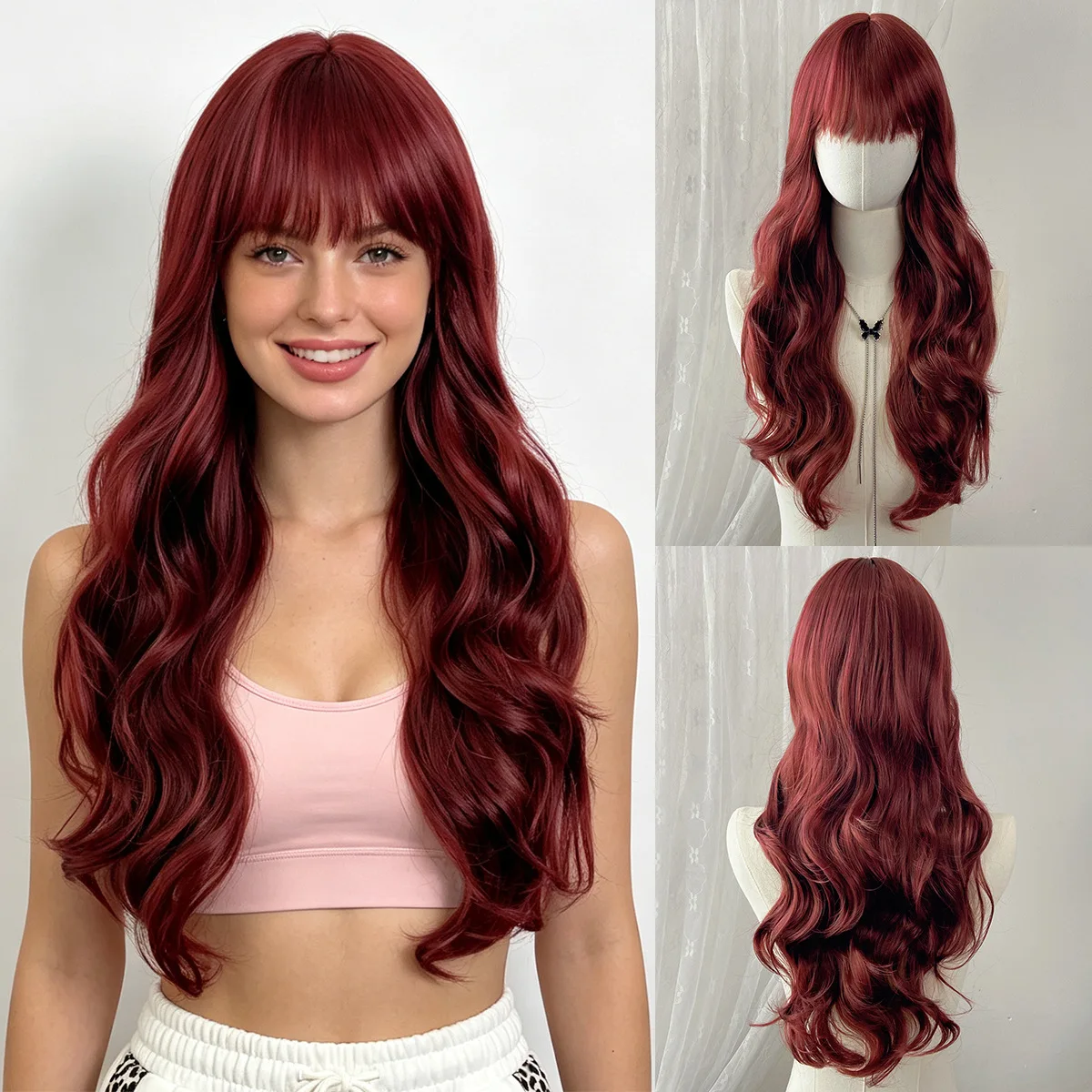 Dark red wavy curly hair synthetic wig, Halloween cosplay character costume wig, daily wig, hot wire wig set