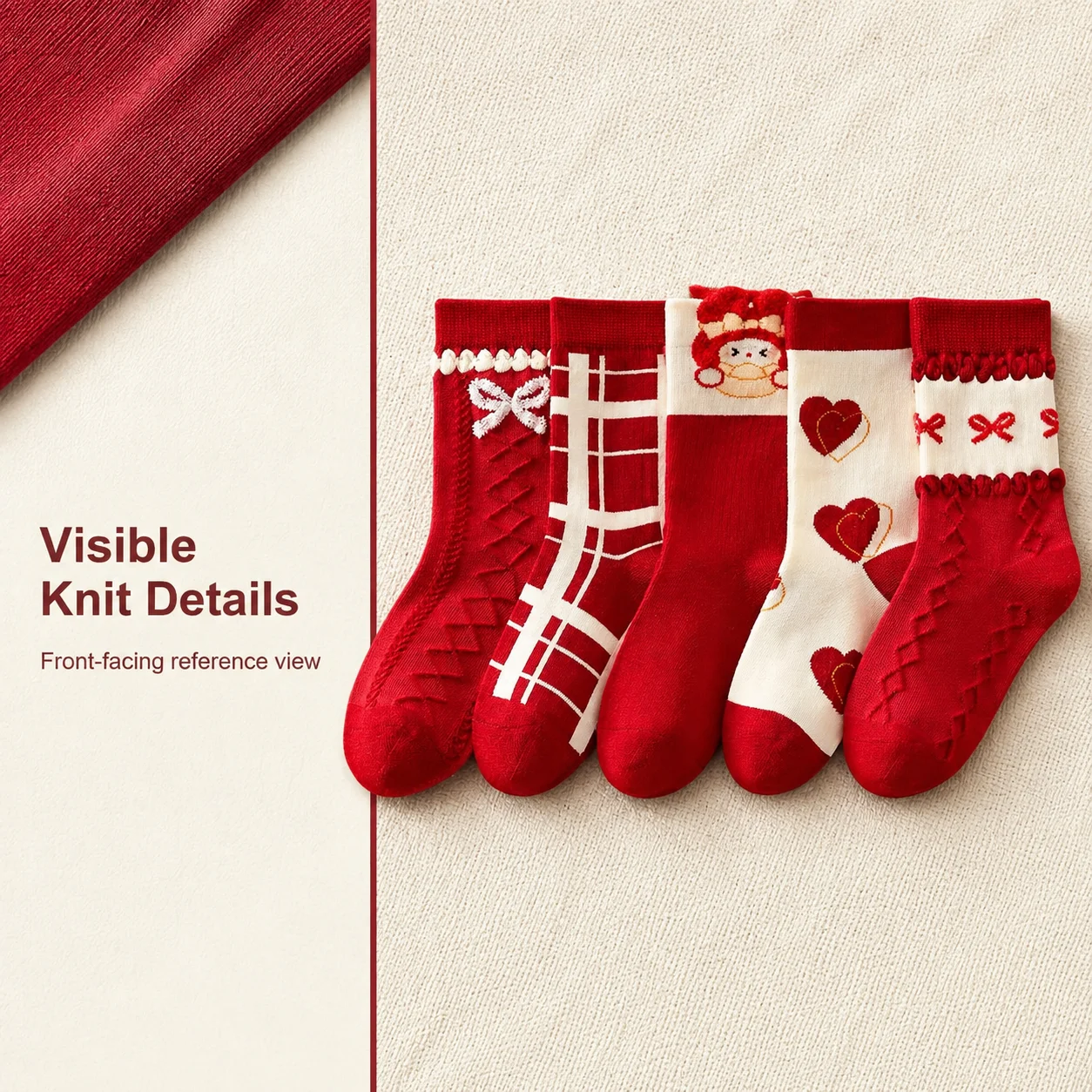 5Pairs Girls Children Mid‑Calf Socks Red‑White Bow Plaid Heart Cartoon Flat Socks All Season Breathable Toddler Kids Crew Socks