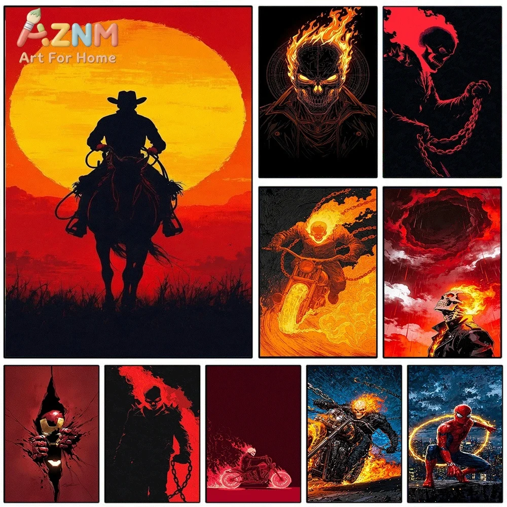 Ghost Rider Cowboy Western Style Canvas Wall Art Print Poster Unframed Canvas Painting Home Living Room Bedroom Wall Decor Gif