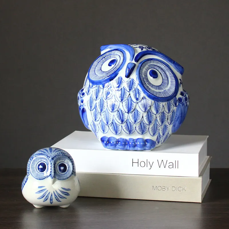 Jingdezhen Blue Porcelain Ceramic Artwork Home Decoration Owl Figurine Office Desk Wealth Attracting Ornament New Housewarming
