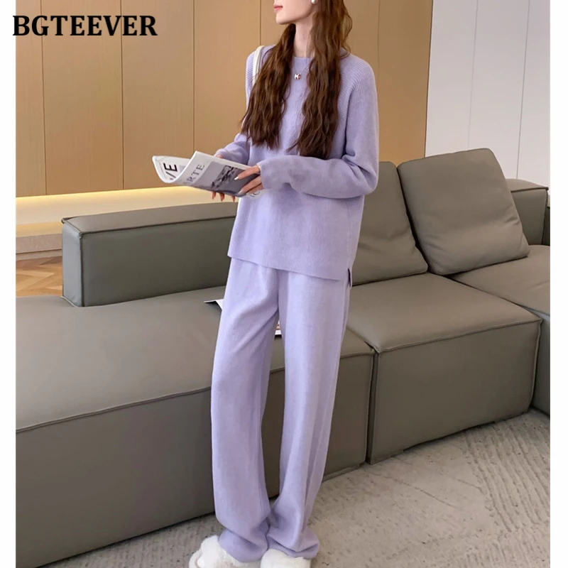 BGTEEVER Autumn Winter Casual Loose Female Solid Knitted Outfits O-neck Long Sleeve Sweaters & Wide Leg Pants Women 2 Pieces Set