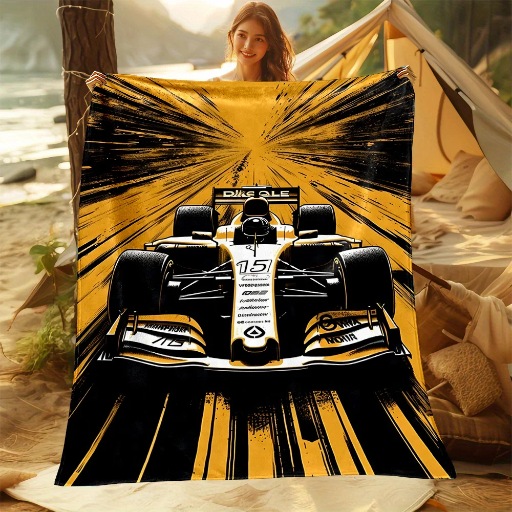 F1 Racing Car Blanket Throw Motorsport Sports Picnic Blanket Beach Camping Yellow Black Graphic Design Gift for Car Fans