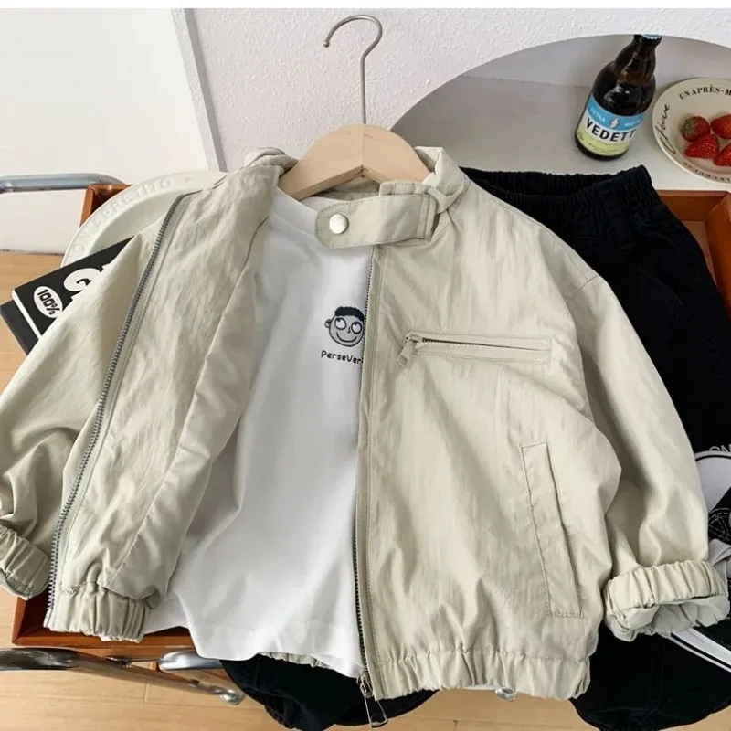 Boys Casual Loose Jacket Spring Autumn Kids Stand Collar Zipper Coat Trendy Daily Wear Outerwear 0 2 4 6 7Y