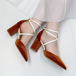 Modern Dress New Arrivals Women's Shoes Mixed Fashion Simple Retro Suede Cloth Thick Heels Hollow out High-heeled Shoes