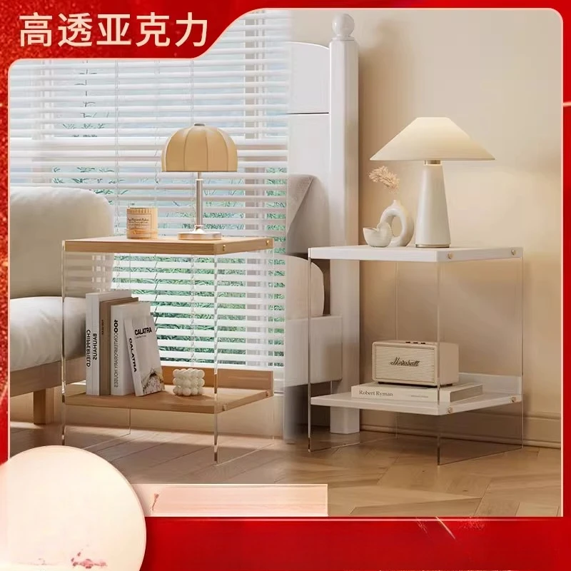 

Acrylic coffee table bedside table suspended acrylic solid wood combination Italian light luxury retro TV cabinet living room ta