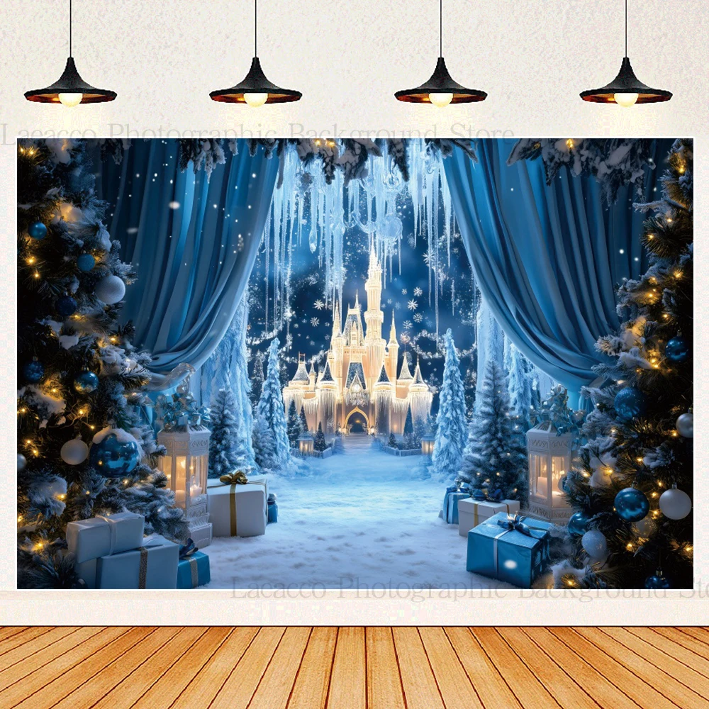 Winter Castle Background Christmas Gift Snowy Xmas Tree Princess Palace Birthday Party Photography Backdrop Photo Studio Props