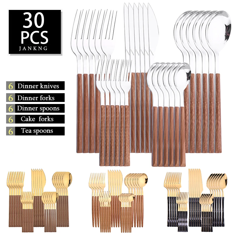 

30Pc Tableware Imitation Wood Handle Stainless Steel Cutlery Western Knife Fork Coffee Spoon Kitchen Dinner Dinnerware