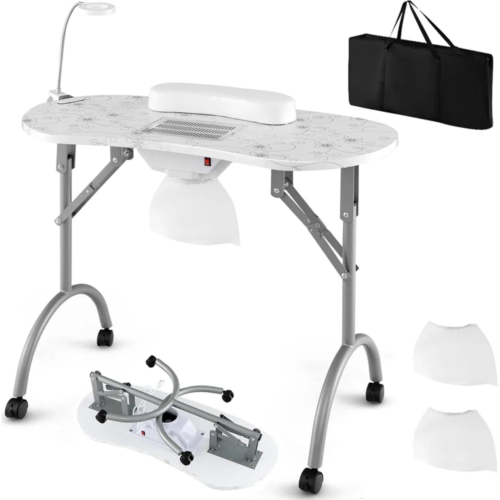 

Portable manicure table with electric dust collector, USB-plug LED lamp, wrist rest, 4 lockable wheels, foldable nail desk