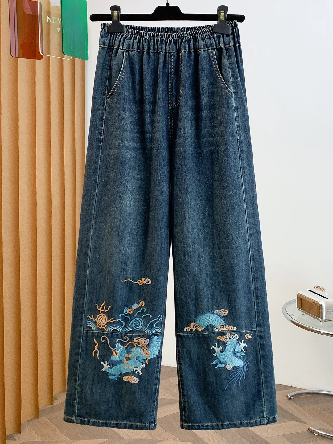 Retro Chinese Style Embroidered High Waist Wide Leg Denim Jeans Women's Slim Straight Pants Casual Machine Embroidery Spring ...