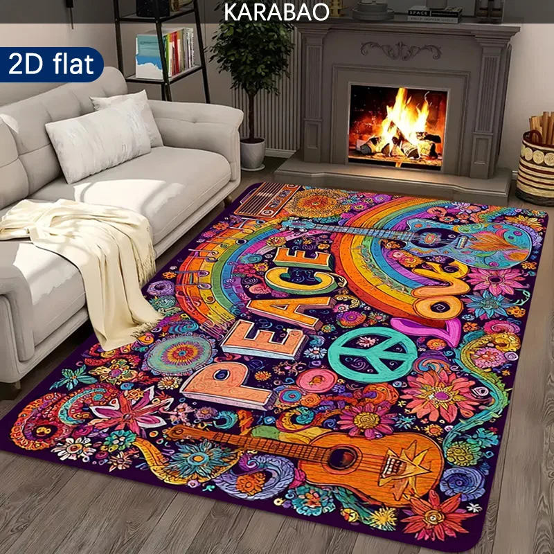 2D Flat, 1pc Hippie Bohemian Style Non-slip Floor Mat/Printed with Peace and Love Heart Patterns/60s-70s Vintage Design/Soft Fla