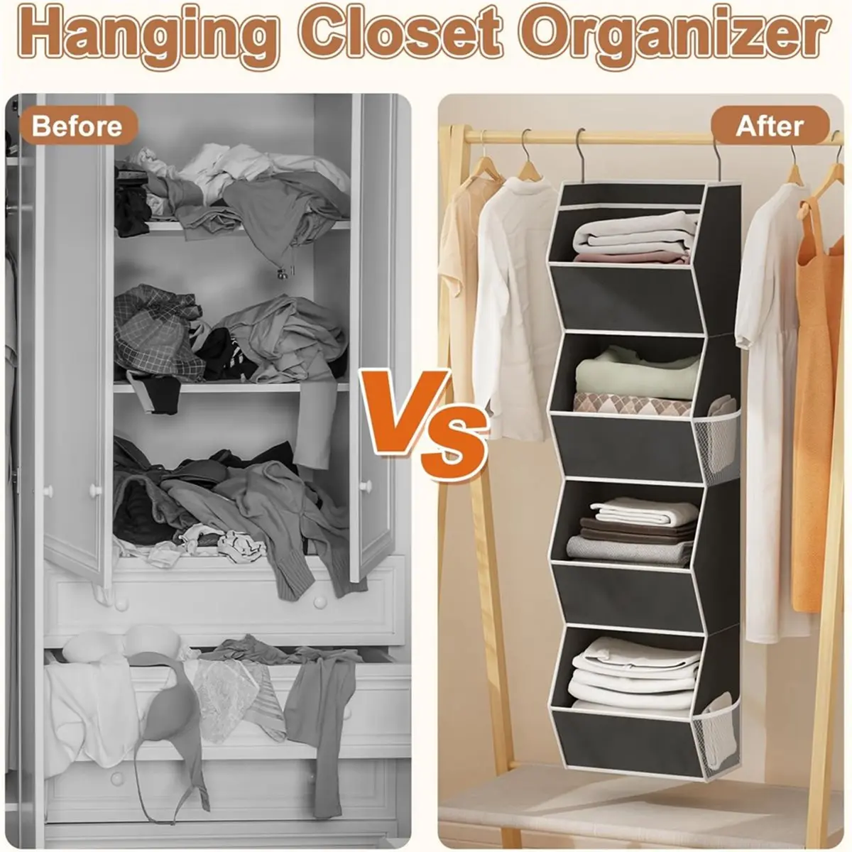 Organizers and Storage Hanging with Mesh Pocket for Clothes, Closet Hanging Organizers and Storage for Fabric Wardrobe