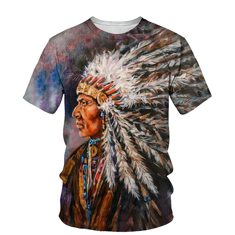 Indian Chief Totem 3D Fun Print Personality Retro Fashion Casual Daily Men Street Crewneck Short Sleeve Loose Oversized T-shirt